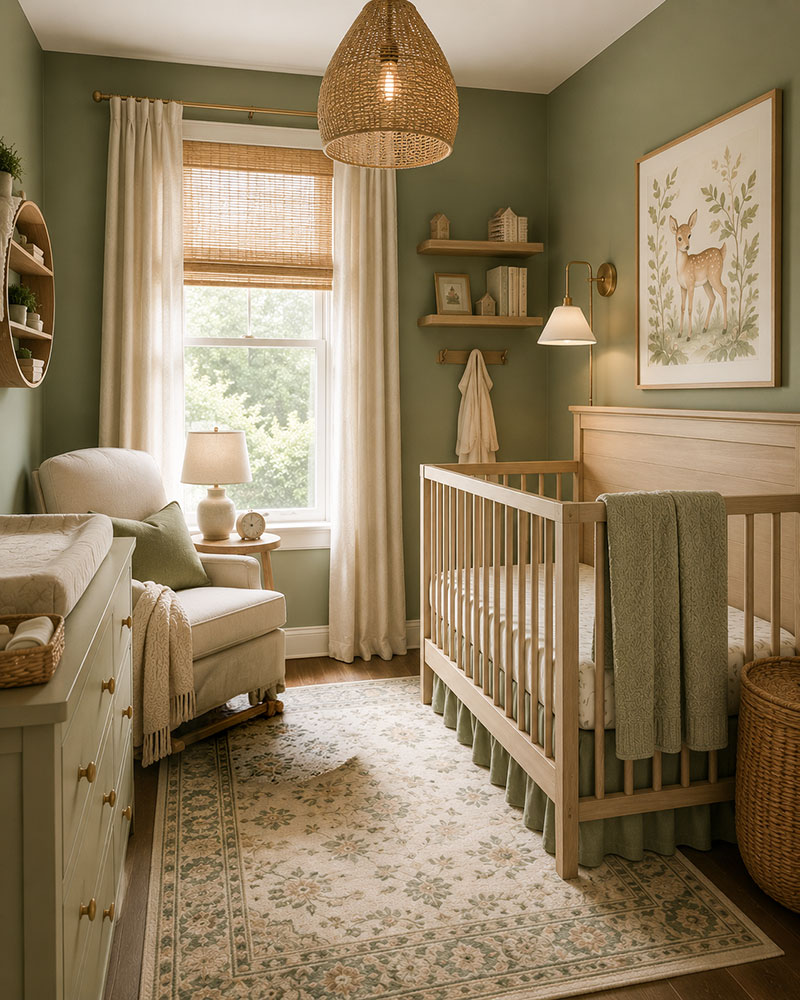 Small sage green nursery with compact crib, smart storage and balanced nursery layout