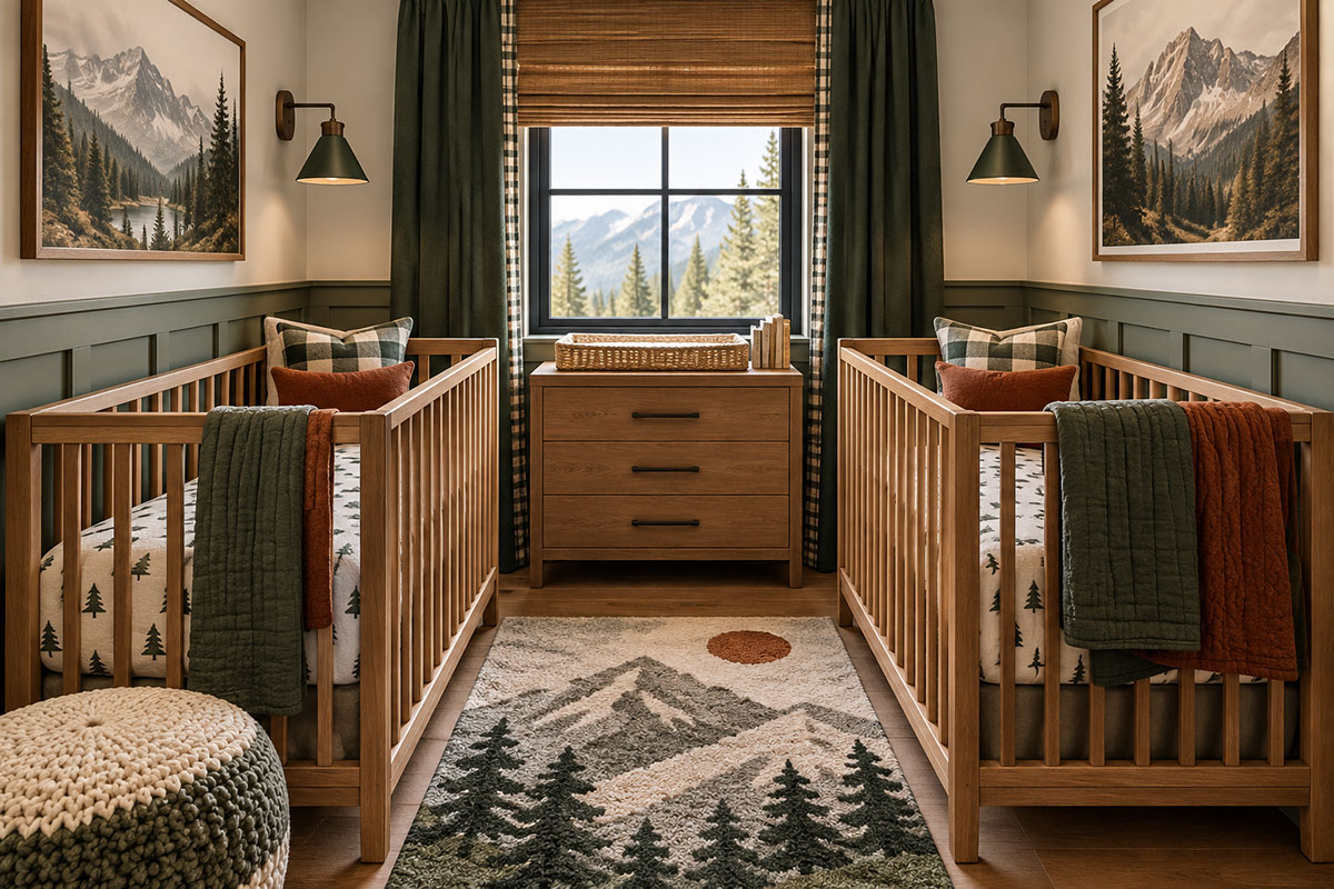 Small mountain adventure twin nursery with two wood cribs shared dresser forest green paneling and mountain artwork