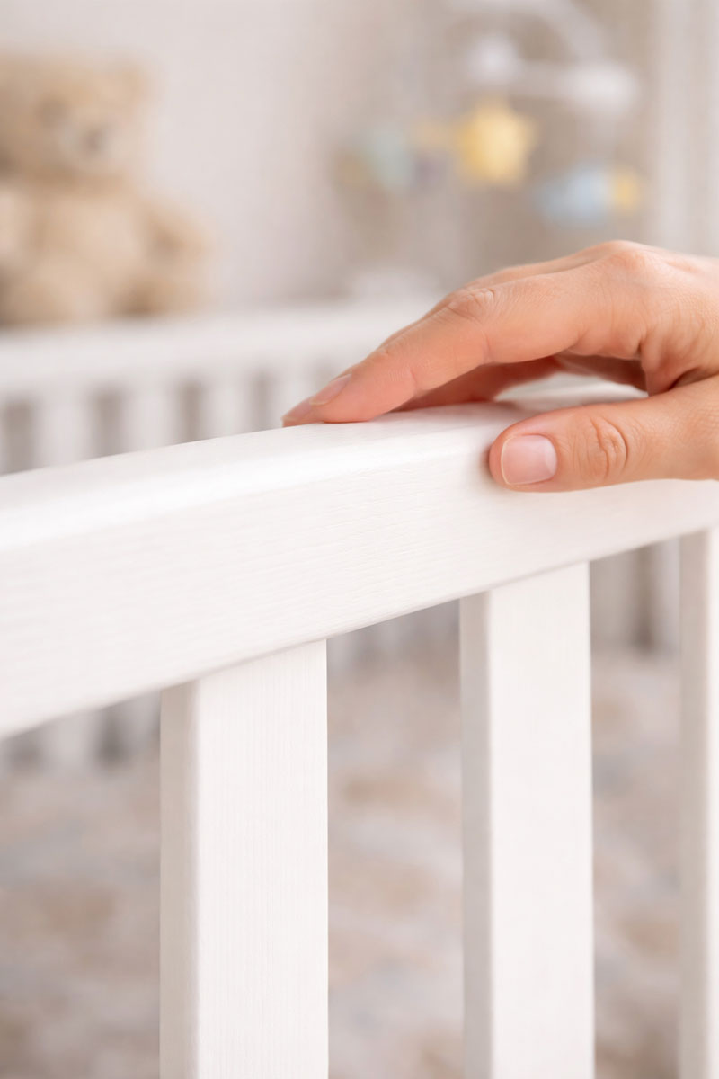 Close-up of a smooth crib rail surface with no splinters or raised finish