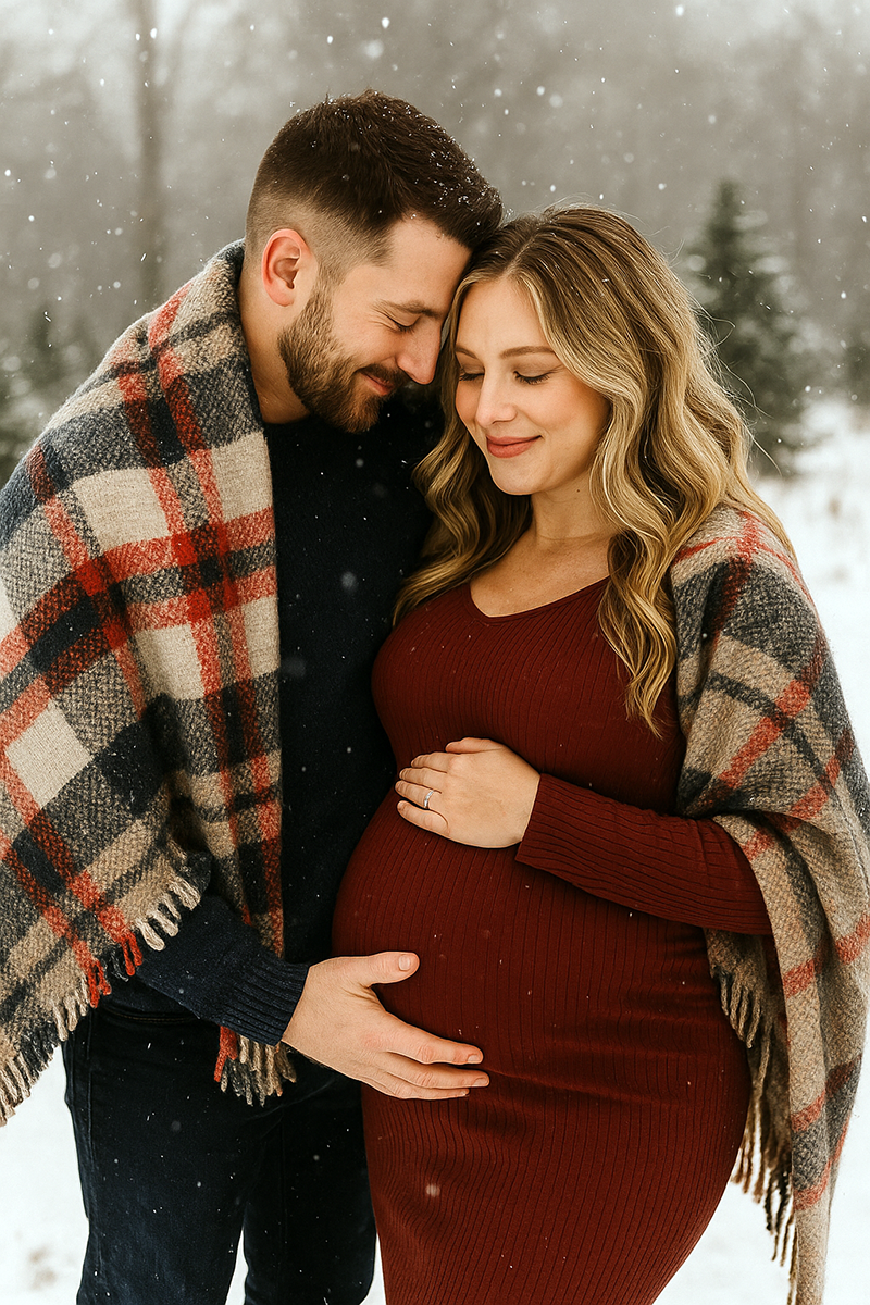 Expecting couple wrapped in a blanket together during a snowy winter maternity photo shoot.