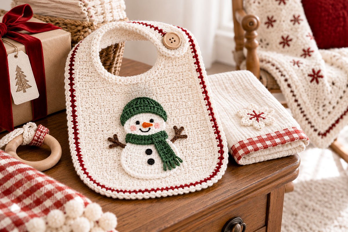 Little snowman crochet applique used on a finished Christmas baby bib with coordinating handmade gift projects