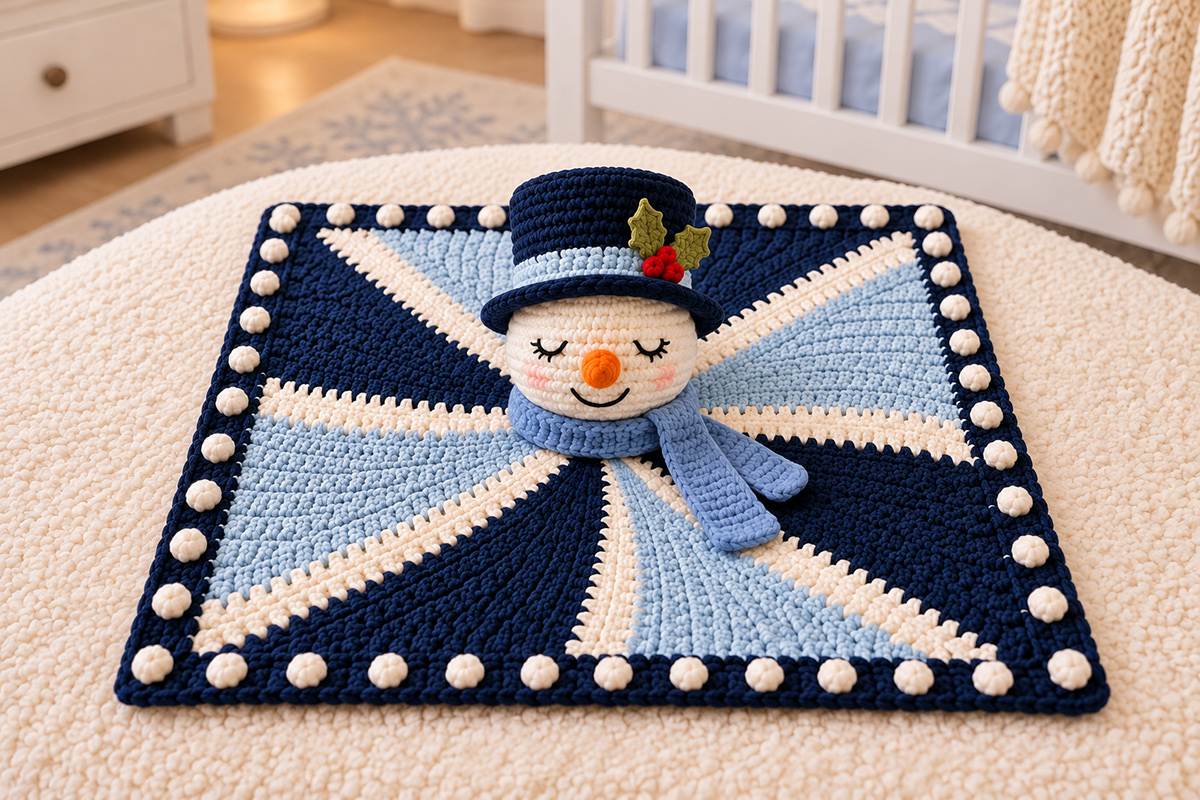 Crochet snowman lovey with sleepy embroidered face navy top hat holly blue scarf and four-section navy icy-blue and ivory pinwheel blanket with bobble border