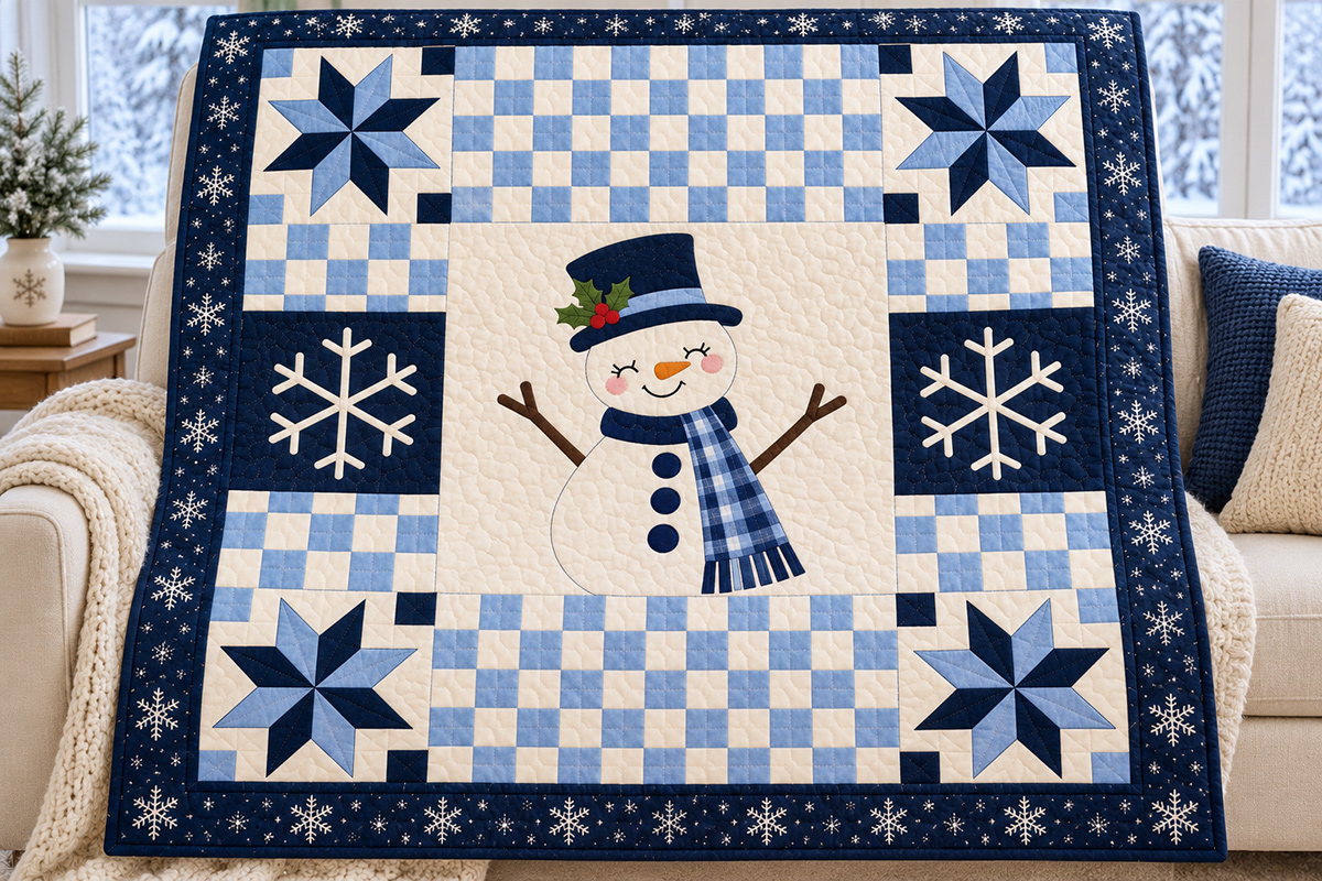 Free snowman baby quilt pattern in navy and icy blue with four pinwheel stars two white snowflake blocks light blue and ivory checkerboard patchwork and central fabric applique snowman wearing a top hat and scarf