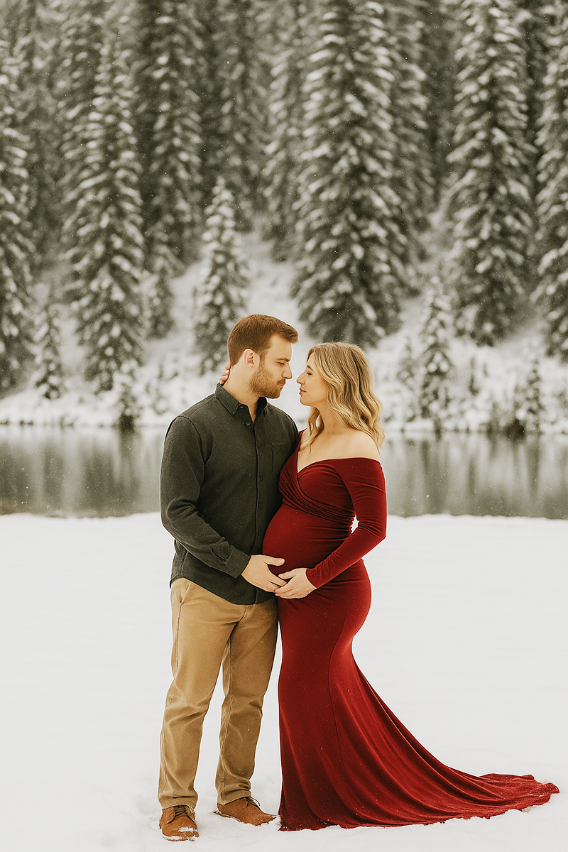 Holiday maternity photo of a couple in a snowy forest; she wears a flowing red gown and he holds her close.