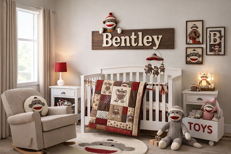 Sock monkey baby nursery theme with white crib, neutral drapery, vintage-inspired decor, and plush sock monkey accents