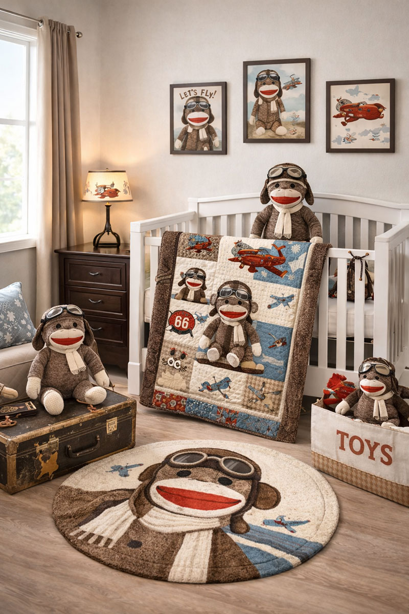 Sock monkey baby bedding set with a baby blue, brown and red striped quilt bumper pad and fitted crib sheets and striped mattress ticking bed skirt with gray stripes for an airplane theme nursery