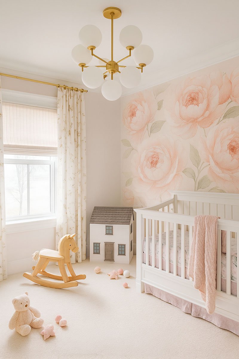 Oversized soft water color floral baby nursery mural painting in neutral tones