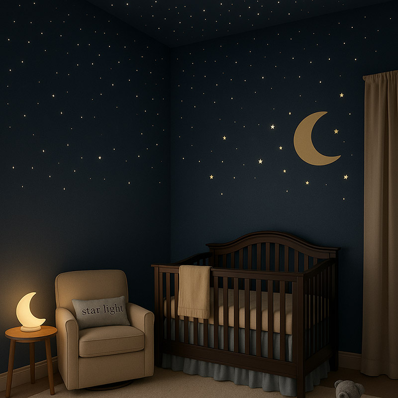 Soft nursery night light shaped like a star glowing beside a rocking chair