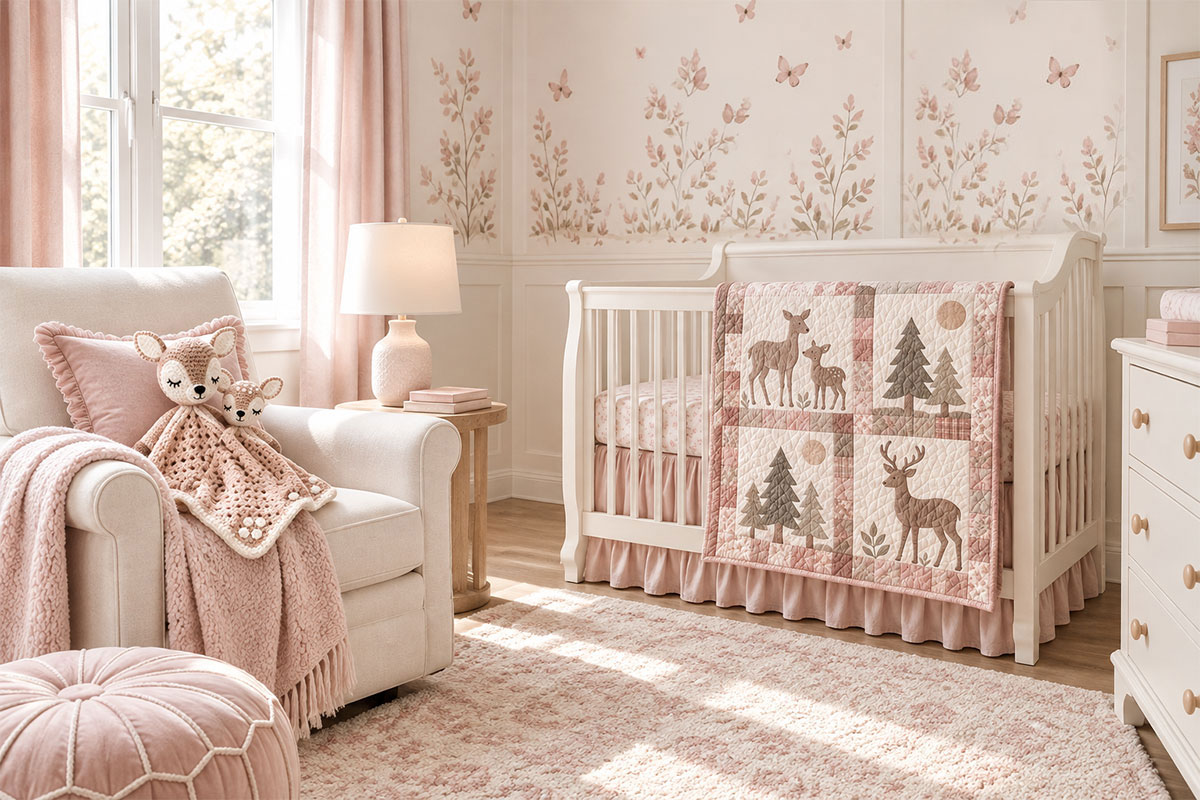 Soft pink woodland deer nursery with a pastel deer family quilt and coordinating handmade doe and fawn crochet loveys