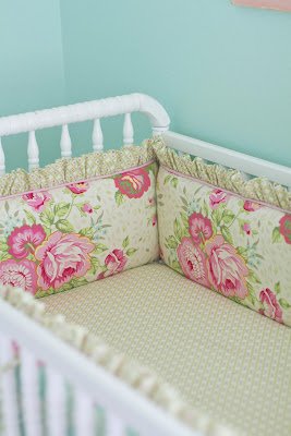 Pretty baby girl crib set made from shabby chic rose print fabric with modern geometric fabric