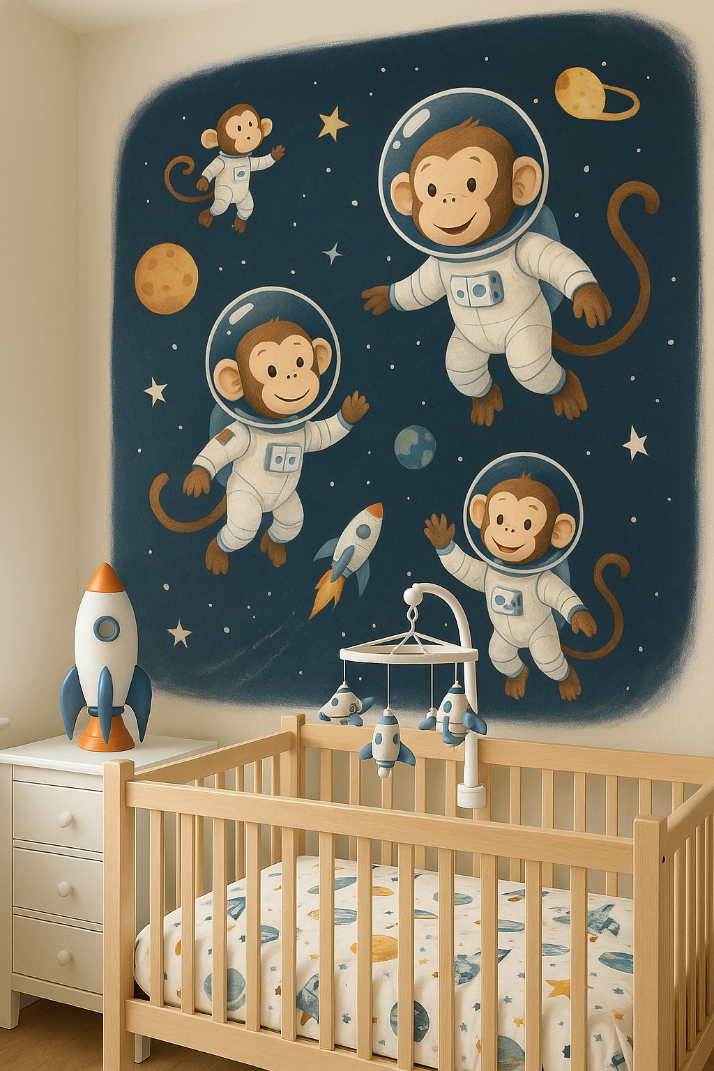 Space monkey nursery wall mural rocket ship lamp theme crib mobile