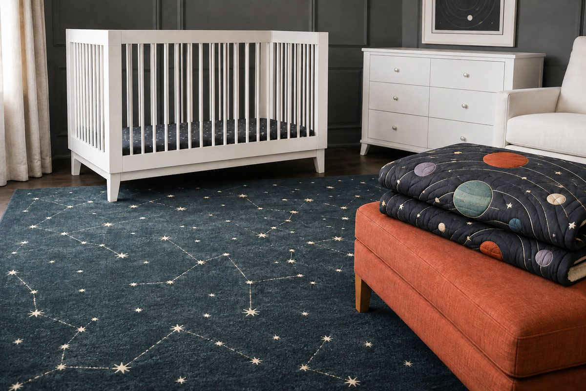 Space nursery with star fitted crib sheet, folded solar system quilt, constellation rug and simple white furniture