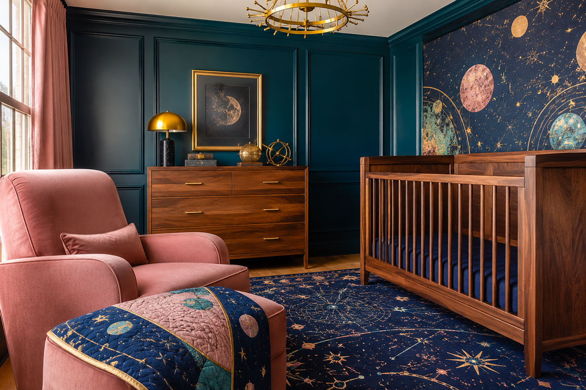 Space nursery color palette with midnight blue, muted gold, dusty rose, teal and warm wood details