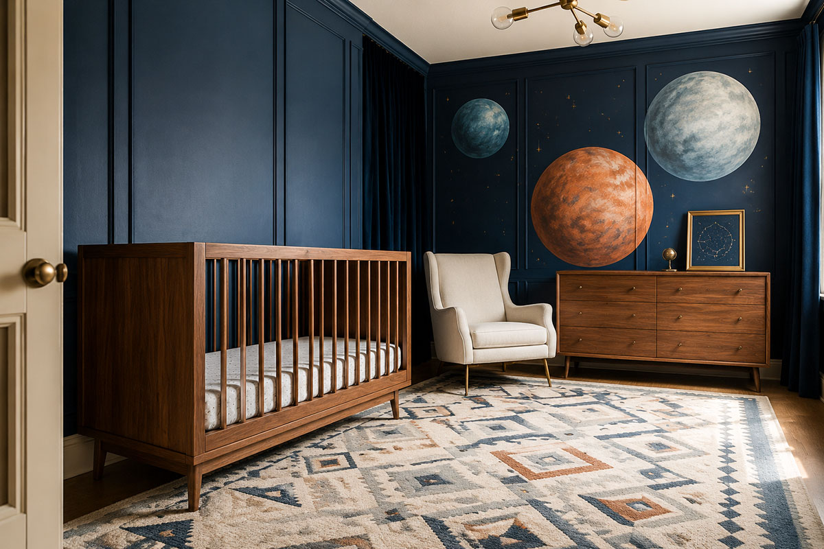Sophisticated space nursery with large planets, navy walls, warm wood furniture and restrained celestial decor