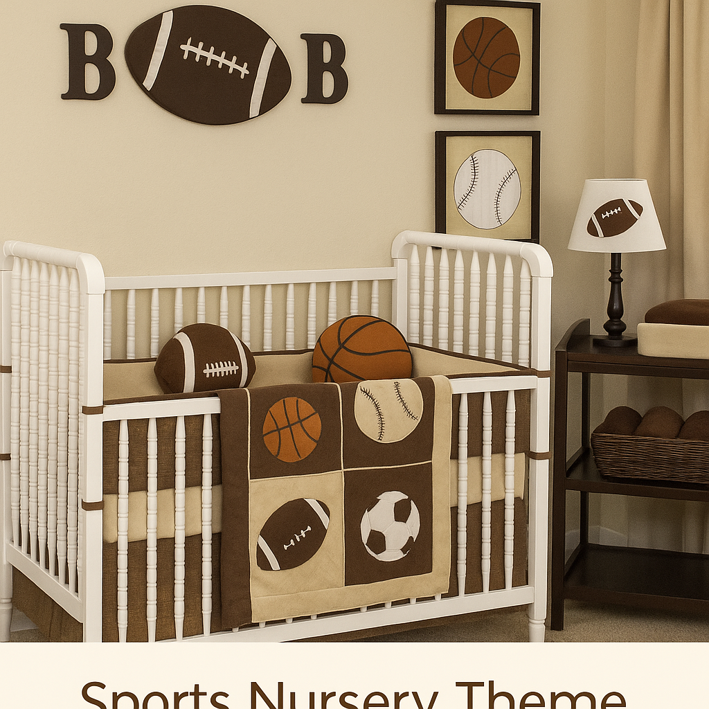 Sports nursery theme with football, baseball and basketball decor