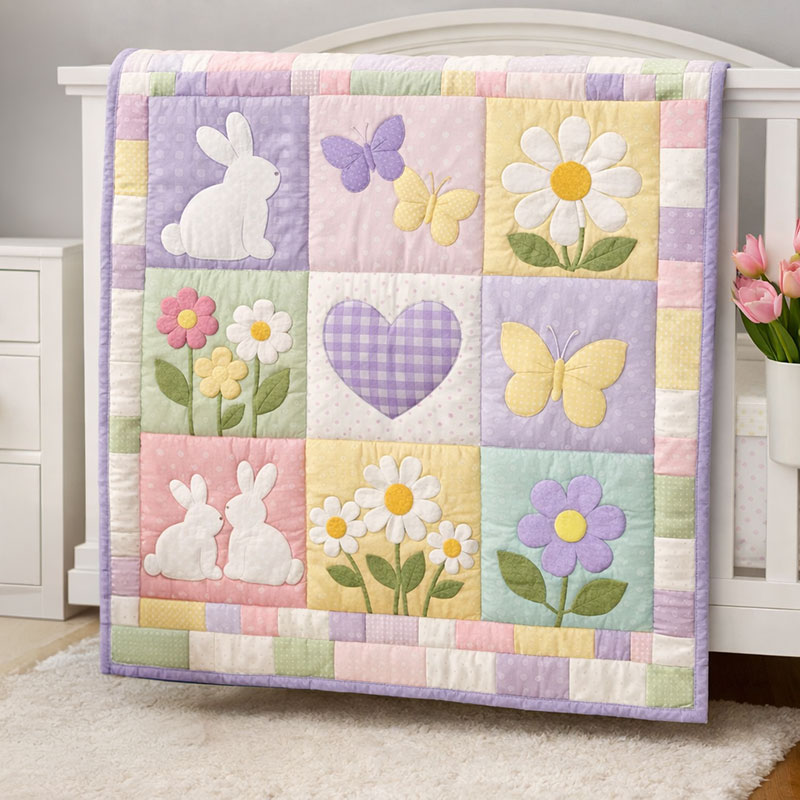 Spring crib quilt with floral daisy and butterfly design in lavender, purple, butter yellow, sage green, and cream nursery colors