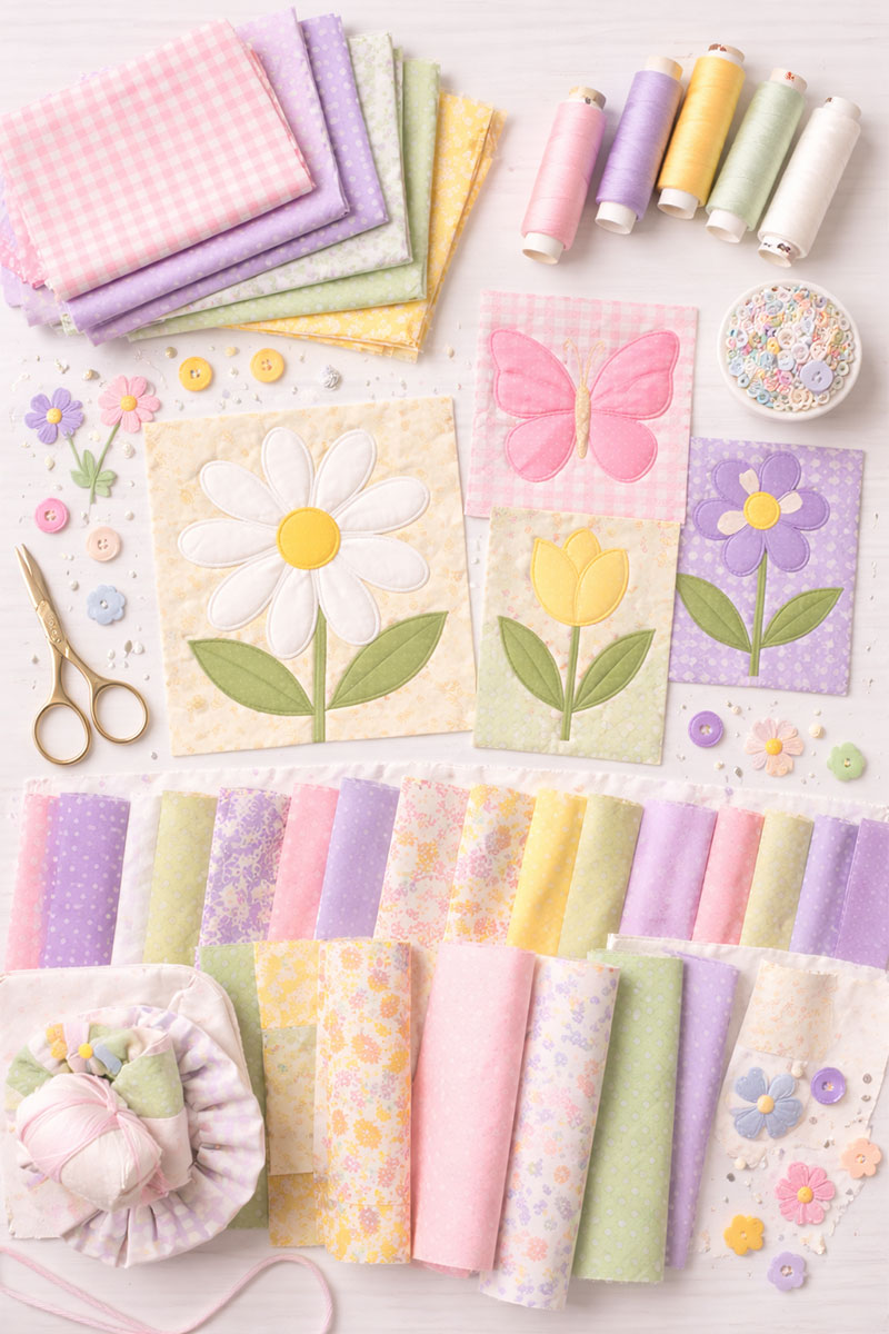 spring crib quilt color palette including lavender butter yellow blush pink sage green and cream