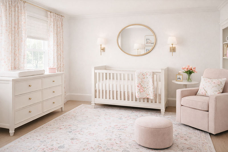 square nursery furniture arrangement with crib dresser and chair layout
