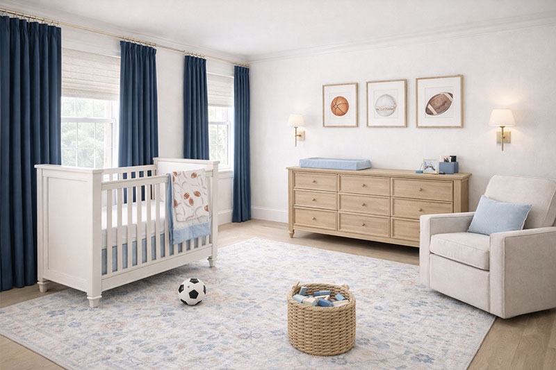 practical square nursery layout with crib dresser and chair