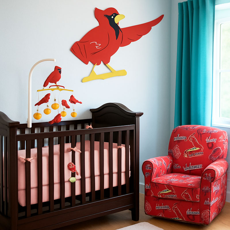 St. Louis Cardinals themed baby nursery with crib, cardinal mobile, and matching team chair