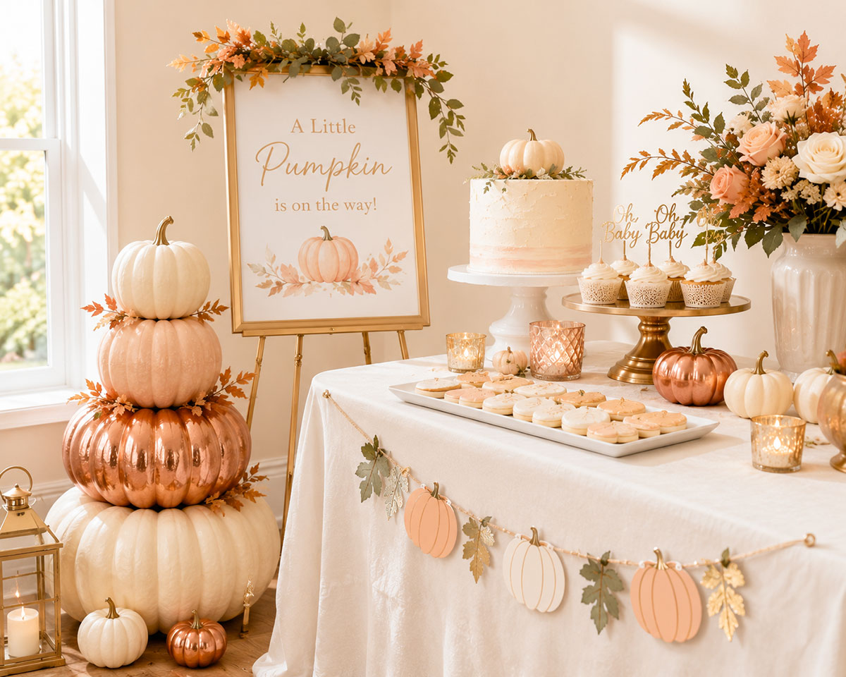 Stacked ivory, peach and copper pumpkins beside a coordinated Little Pumpkin baby shower dessert display