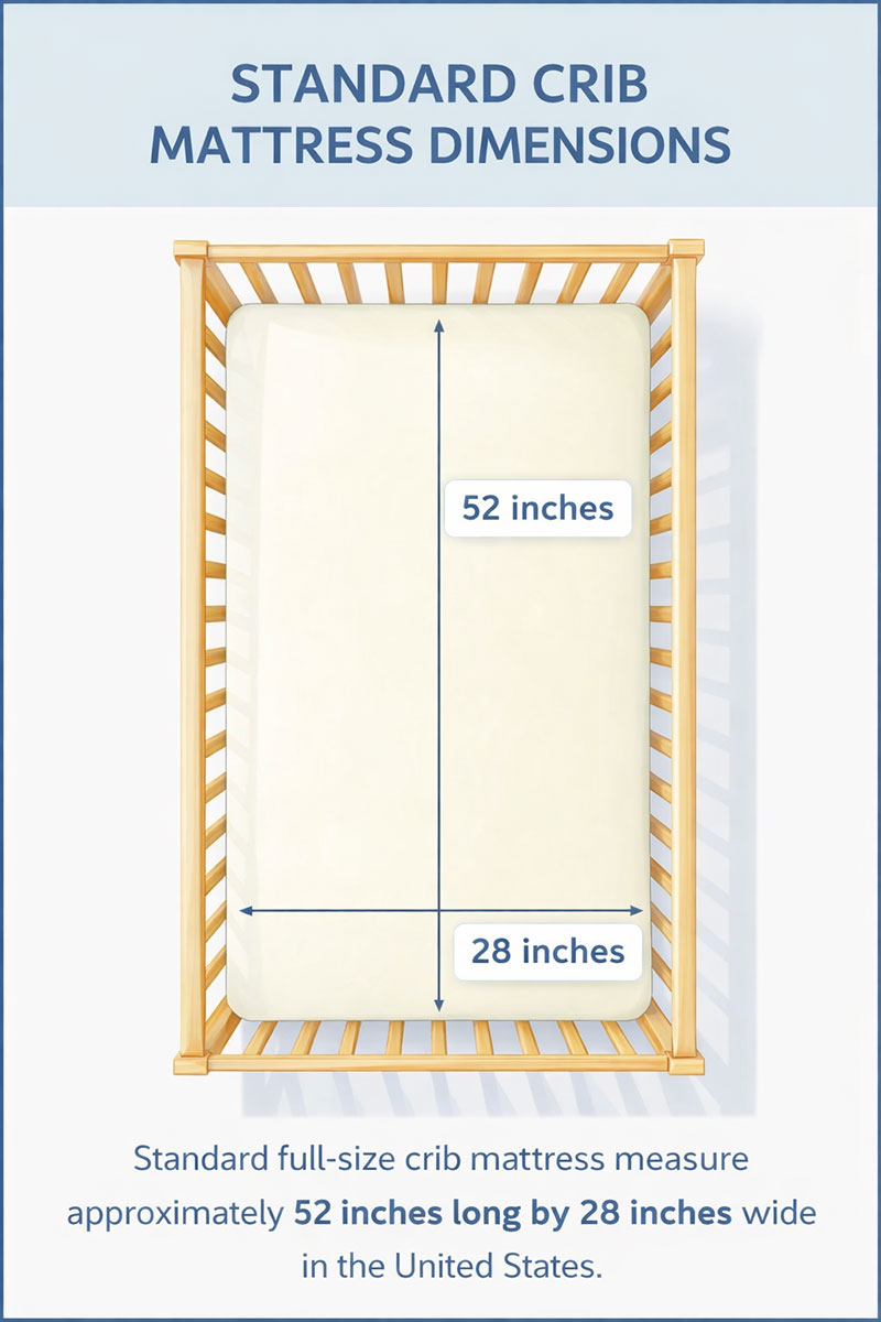 Diagram showing standard crib mattress size measurements of 28 inches by 52 inches