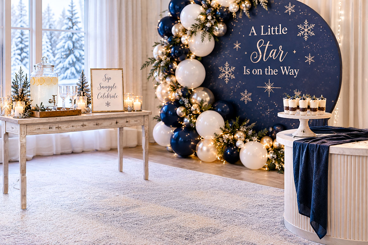 Starry winter baby shower with navy and champagne balloon backdrop gold stars coordinated guest table and a simple refreshments station