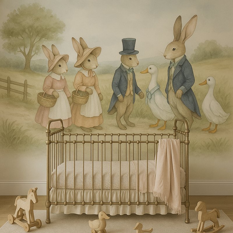 Storybook-inspired baby bunny rabbit goose duck Beatrix Potter Peter Rabbit style nursery mural with illustrated landscape