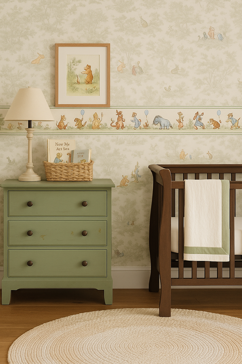 Storybook woodland nursery with classic toile wallpaper, an upcycled green baby dresser, woven basket storage, and a wooden crib in a warm, nostalgic baby room