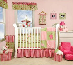 Pink and green strawberry crib set with nursery decor window valance and wall decorations