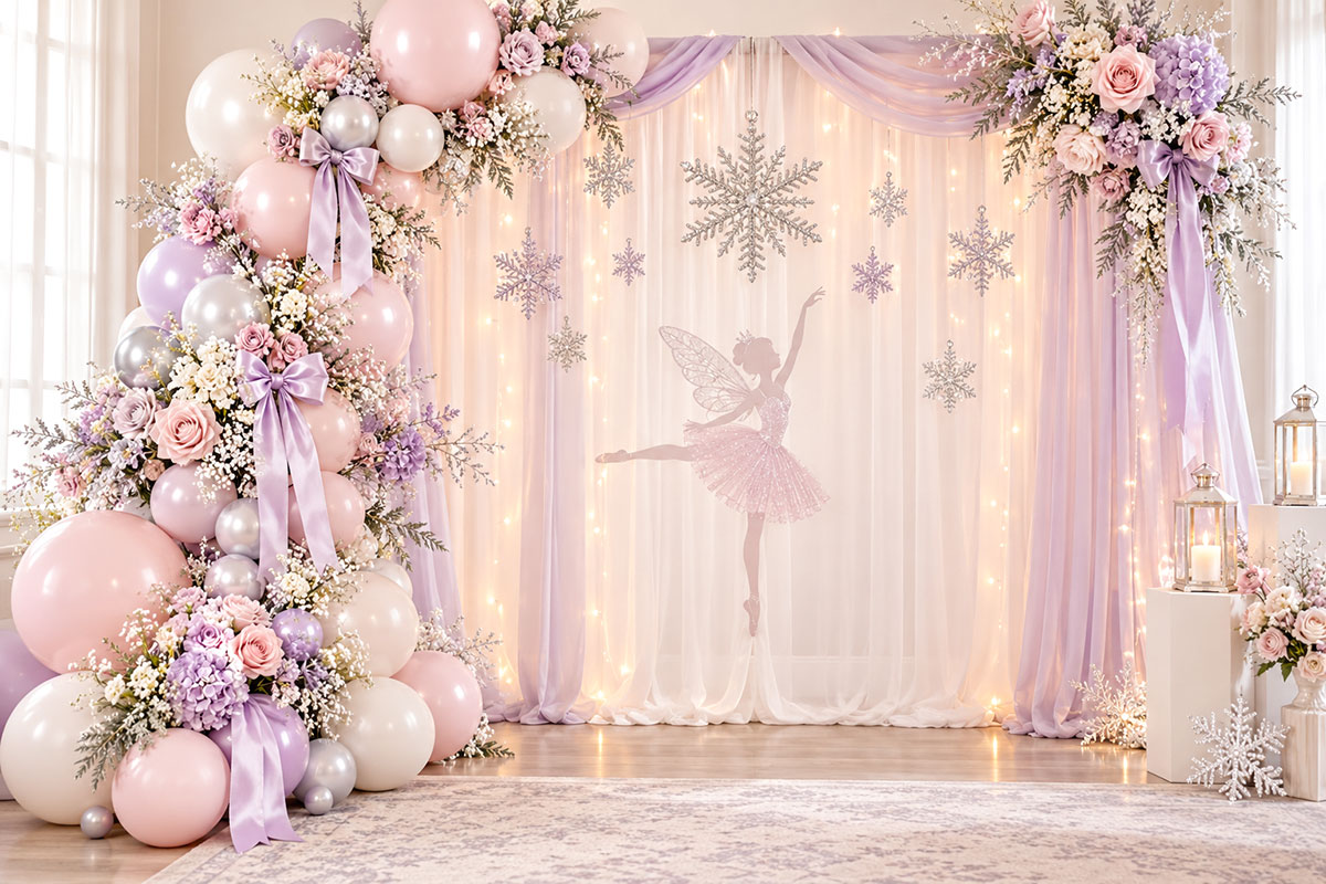 Airy Sugar Plum Fairy baby shower backdrop with ivory draping lavender ribbons blush flowers and silver snowflakes