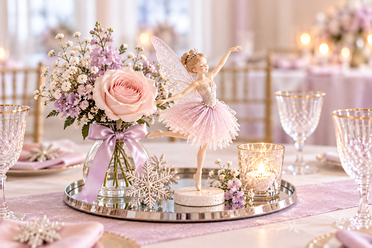 Elegant Sugar Plum Fairy baby shower centerpiece with a ballerina fairy figurine blush and lavender flowers and delicate winter sparkle