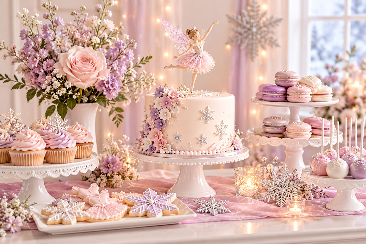 Sugar Plum Fairy baby shower dessert display with a pastel fairy cake snowflake cookies and lavender and pink sweets