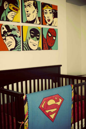 Custom made Superman baby bedding and blanket with a striped border to match the crib skirt and vintage nursery color palette