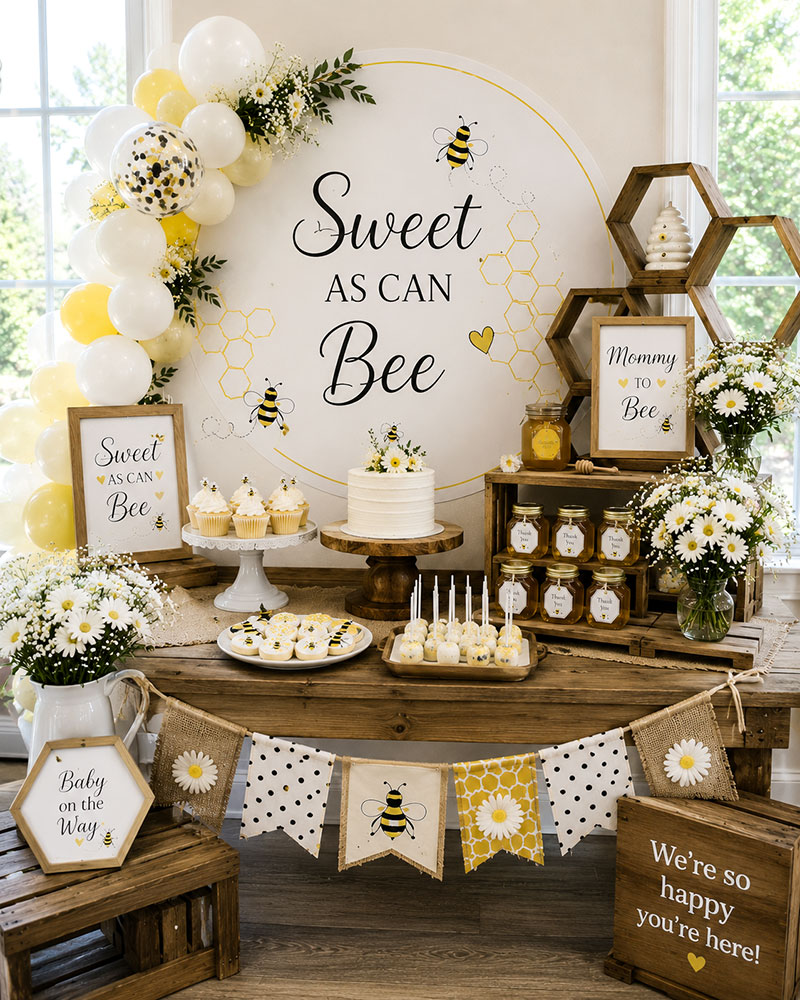 Sweet as can bee baby shower display with coordinated decorations, keepsake cards, and party styling