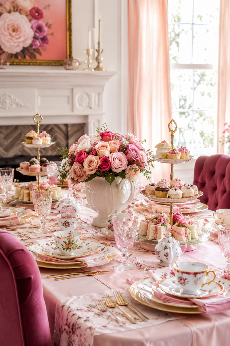 Tea party decorations for a baby shower with vintage china, floral centerpieces and elegant high tea table settings