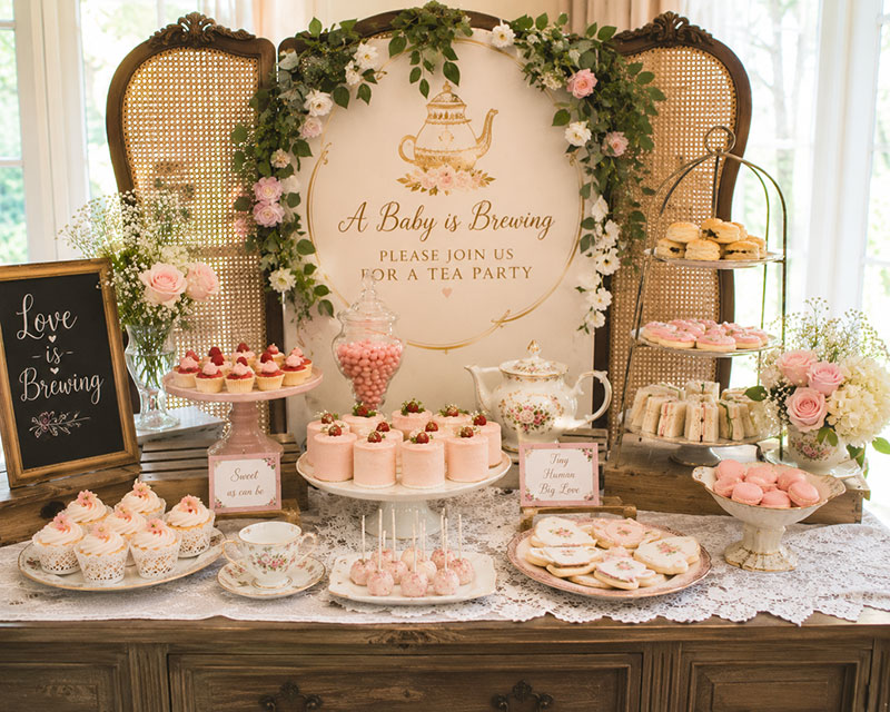 Tea party dessert table for a baby shower with cake stands, serving trays and coordinated display pieces