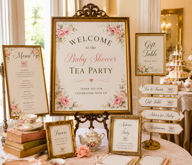 Tea party signage for baby showers with a framed welcome sign, menu card and table direction sign