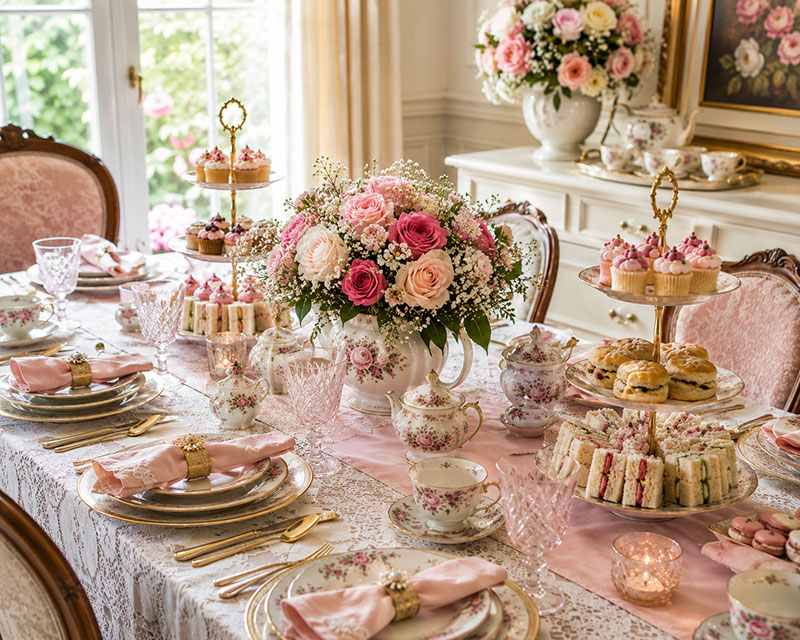 Tea party table decorations for baby showers with layered place settings, teacups and serving trays