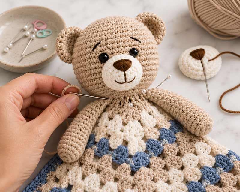 Close-up assembly detail for a teddy bear lovey crochet pattern