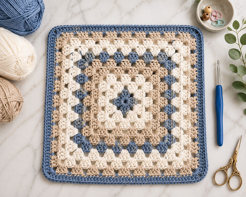 Flat granny square blanket base for a teddy bear lovey crochet pattern