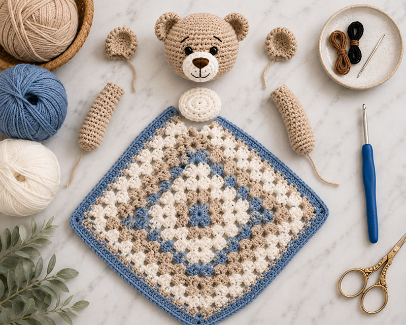 Crocheted teddy bear lovey pieces before assembly