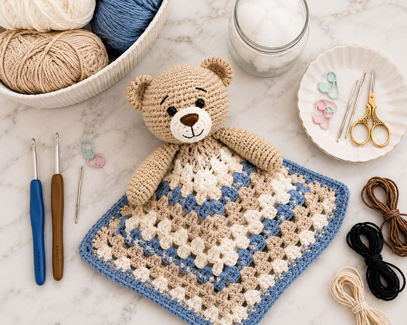 Supplies for a teddy bear lovey crochet pattern