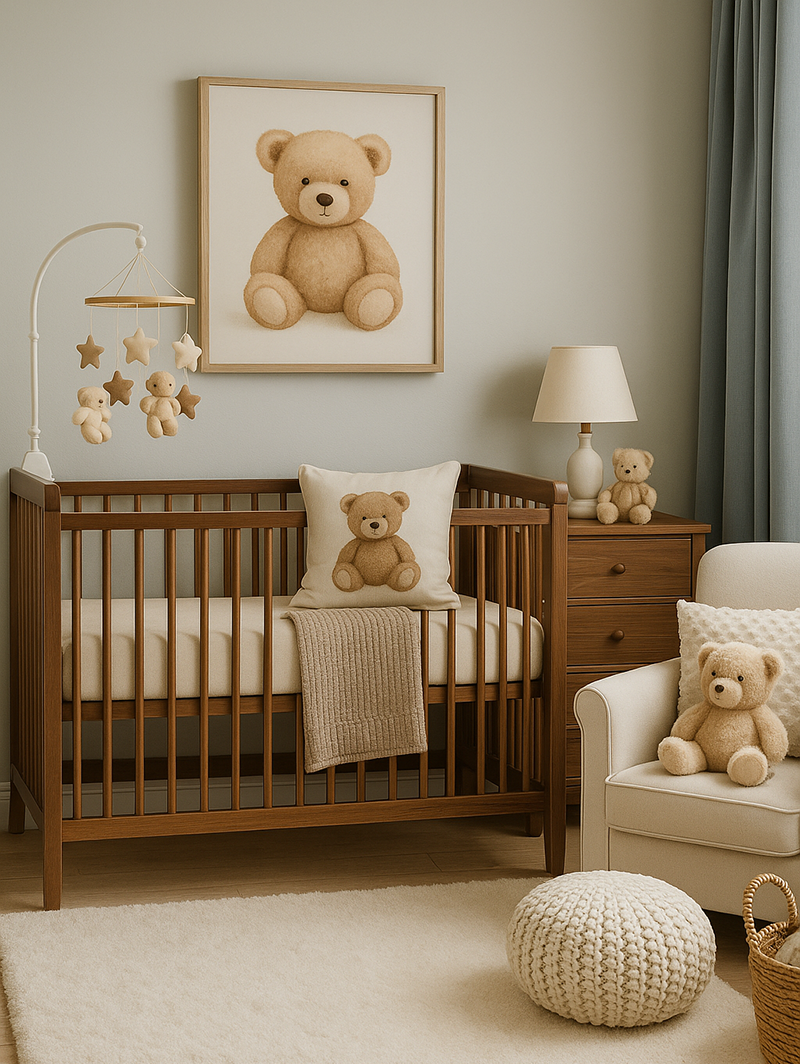 Warm modern baby boy nursery featuring a walnut crib, plush teddy bears, beige and powder blue tones, cozy layered textures, and soft natural daylight.
