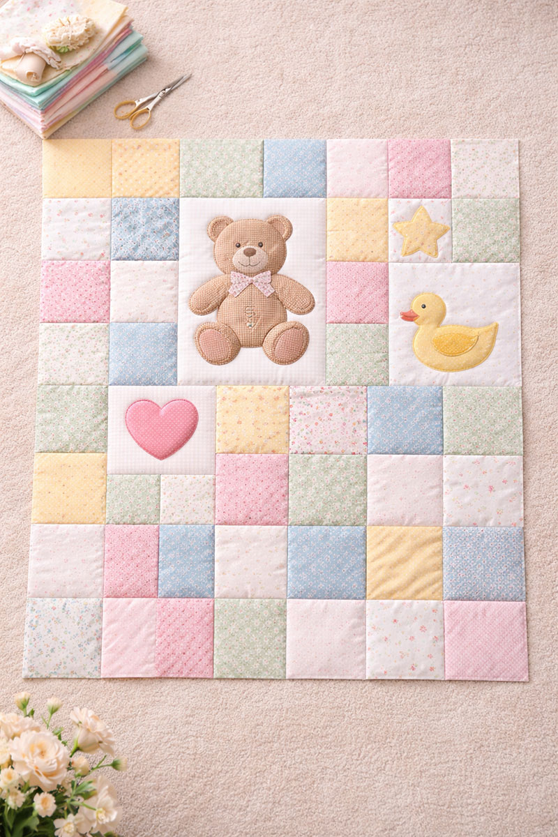 teddy bear patchwork crib quilt layout arranged in a balanced grid before sewing