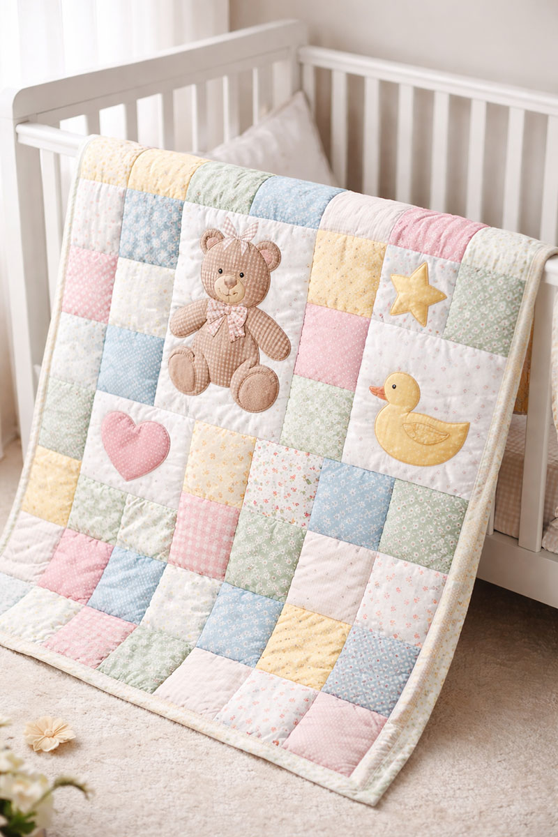 Soft pastel teddy bear patchwork crib quilt with appliqué bear duck heart and star blocks