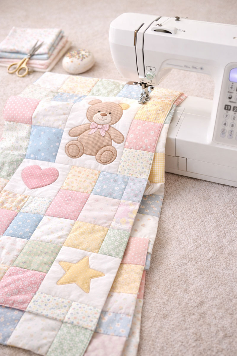 sewing rows for a teddy bear patchwork crib quilt on a sewing machine