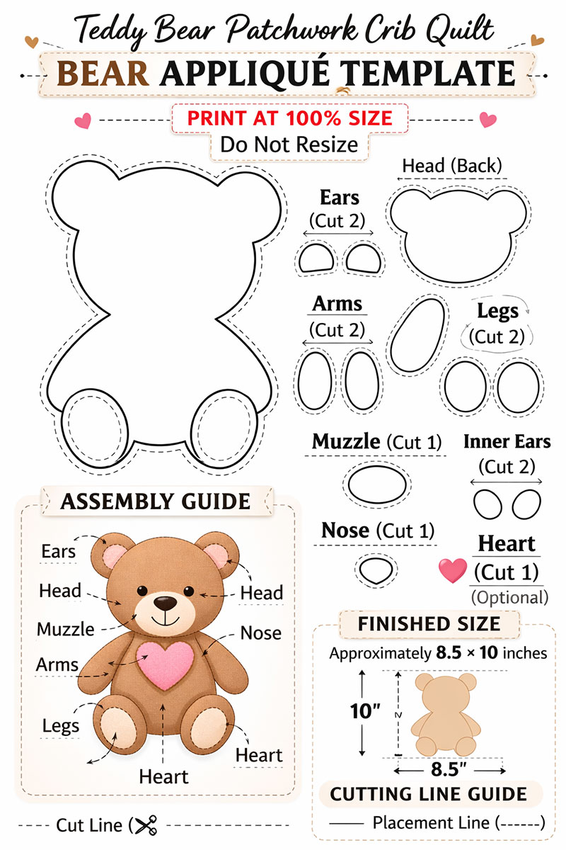 printable teddy bear patchwork crib quilt template for bear body and ears