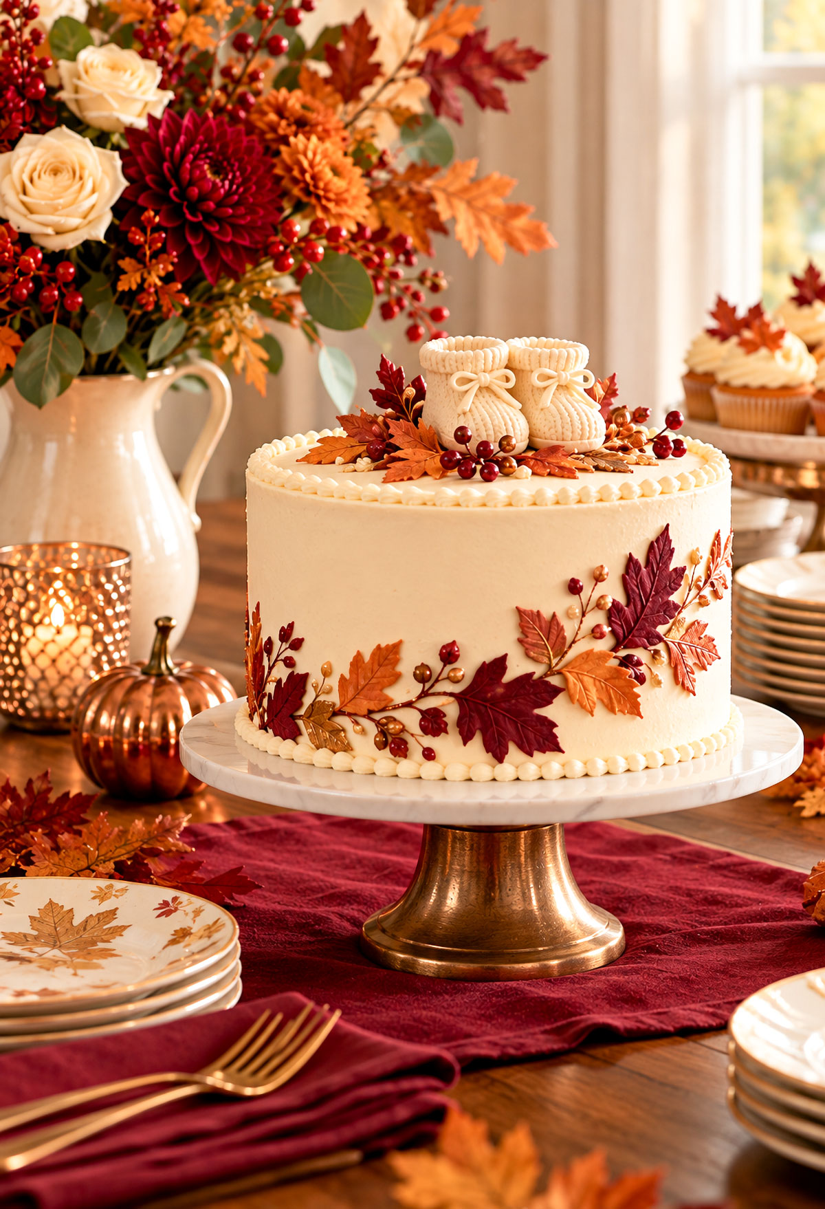 Elegant ivory Thanksgiving baby shower cake with delicate copper sugar leaves, burgundy buttercream accents and a small baby-themed decoration on a simple cake stand