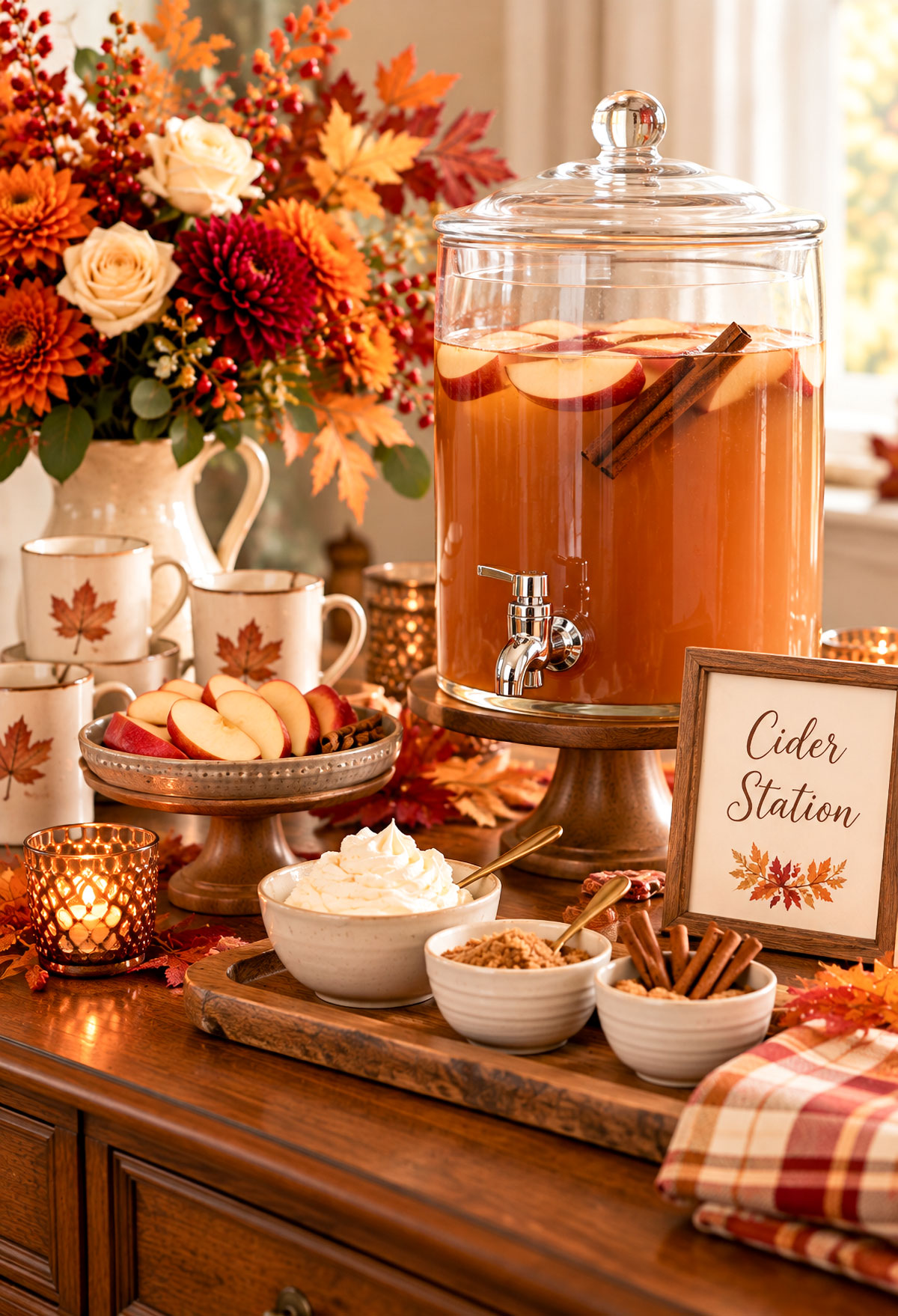 Thanksgiving baby shower cider station with a glass apple cider dispenser, cinnamon sticks, apple slices, cream-colored mugs and autumn flowers